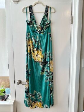 Elie Tahari Teal Floral Maxi Dress with Yellow and Navy Accents
